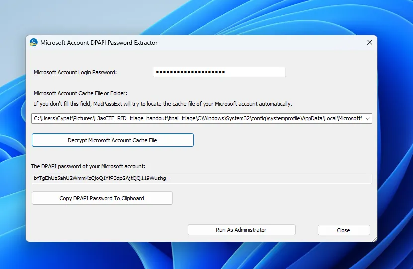 Microsoft account DPAPI password extraction result