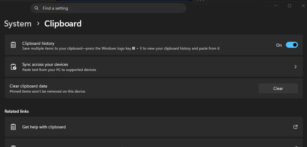 Windows 11 clipboard history setting